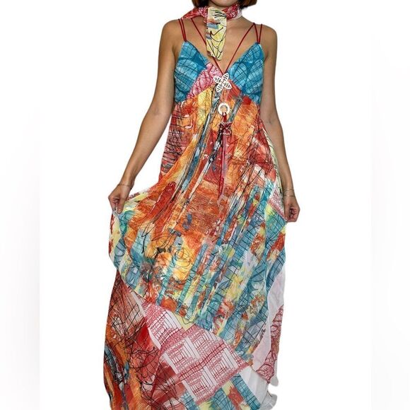 Rare Legatte Maxi Orange Blue Dress Tank Size L - Picture 1 of 11